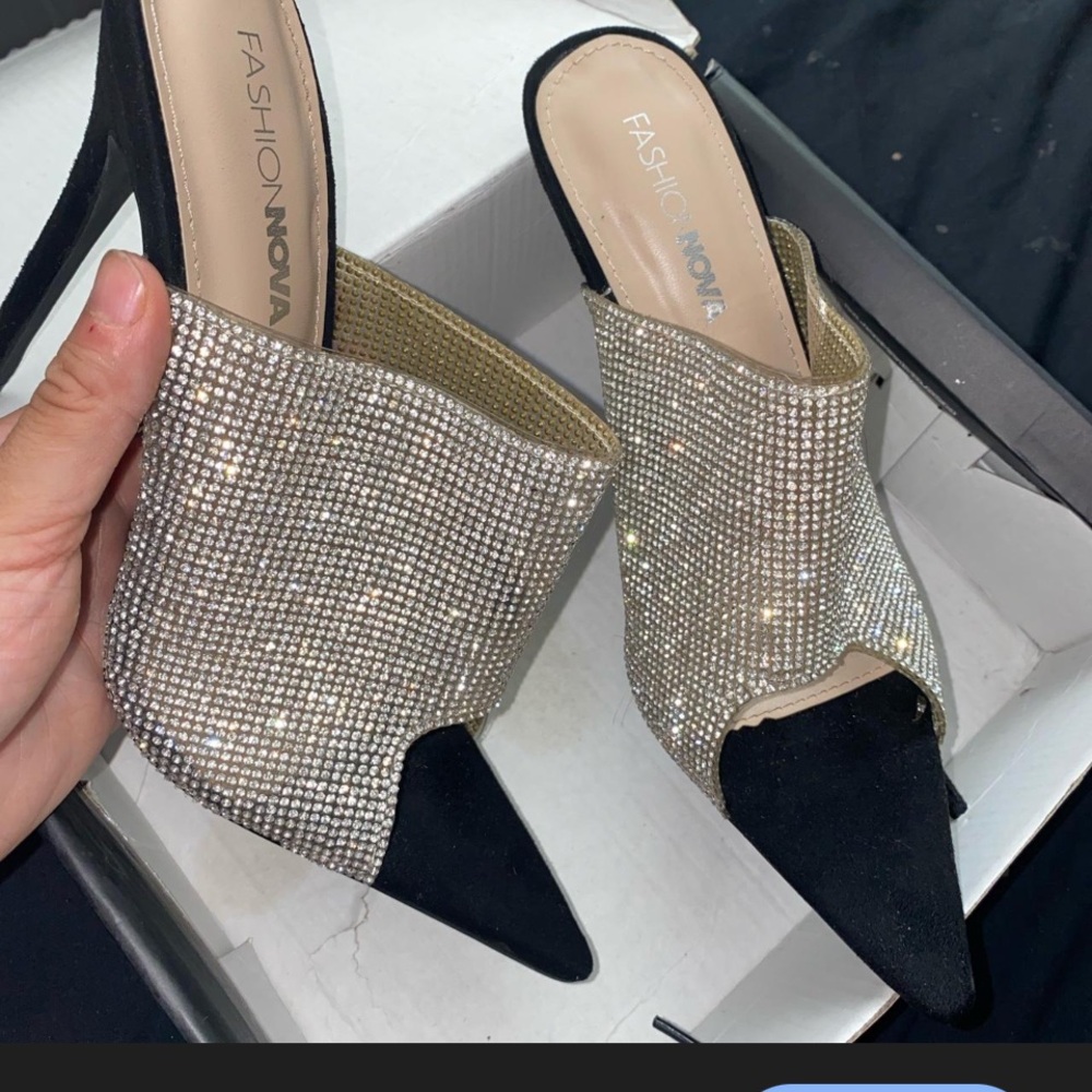 Sparkle Rhinestone Open-Side Mules in Black and Gold -